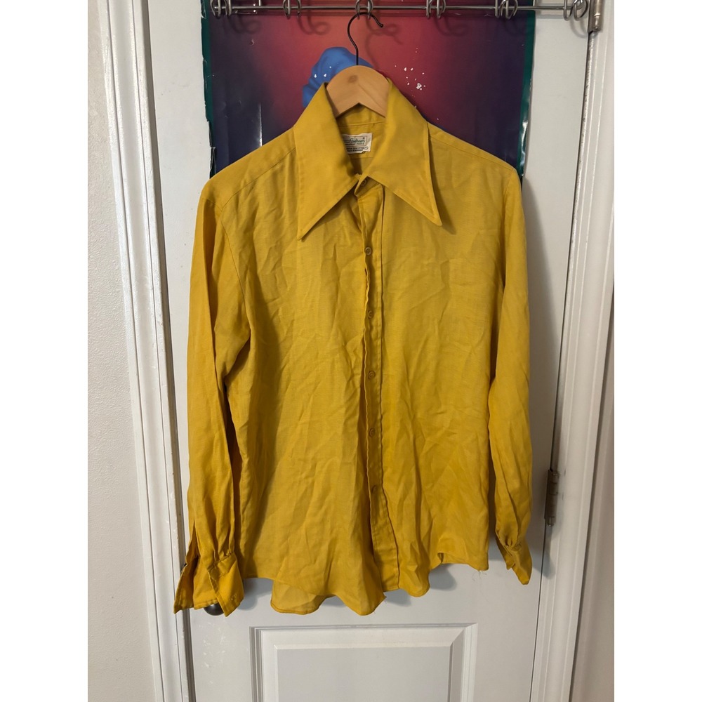Vintage Matt Andrews 70s Mustard Yellow Disco Shirt Pointed Collar Mens Large
